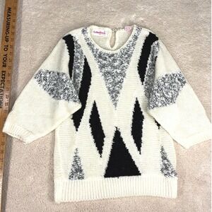 Collections White Abstract Knit Sweater - L - Batwing Sleeve Vintage 80s Retro